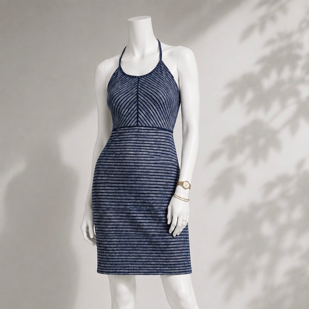Title Nine Dress Yipes Blue Striped Halter Neck Knit Athleisure Sporty Mini M